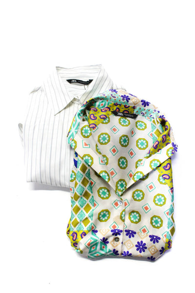 Zara Womens Geometric Floral Stripe Print Buttoned Tops White Size M Lot 2