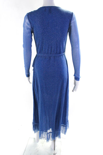 Resume Women's V-Neck Long Sleeves Ruffle Wrap Mini Dress Blue Size XS