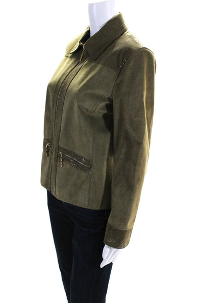 St. John By Marie Gray Womens Green Printed Leather Long Sleeve Jacket Size S