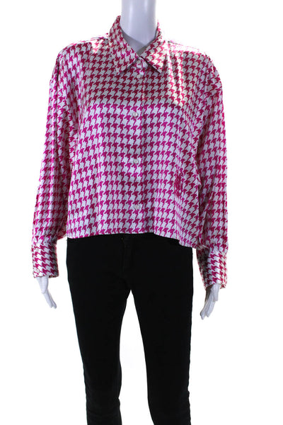 dMn Womens Satin Houndstooth Button Up Shirt Blouse Pink White Silk Size Medium