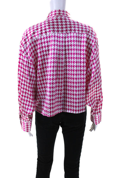 dMn Womens Satin Houndstooth Button Up Shirt Blouse Pink White Silk Size Medium