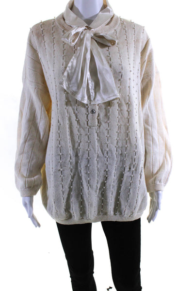 Bonnie Boerer Womens Half Button Satin Collar Beaded Sweater White Size 3X