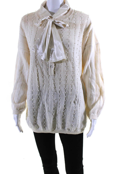 Bonnie Boerer Womens Half Button Satin Collar Beaded Sweater White Size 3X