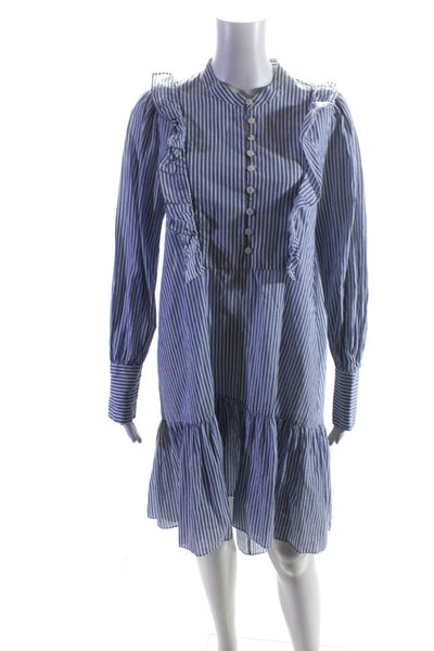 BCBGMAXAZRIA Womens Long Sleeve Ruffled Vertical Striped Dress Blue White Medium