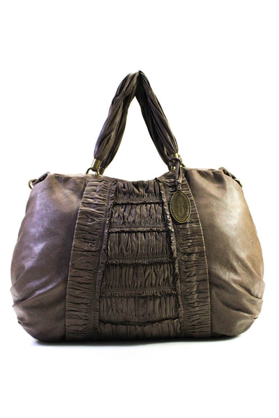 Elie Tahari Leather Pleated Front Oval Medallion Large Shoulder Handbag Brown
