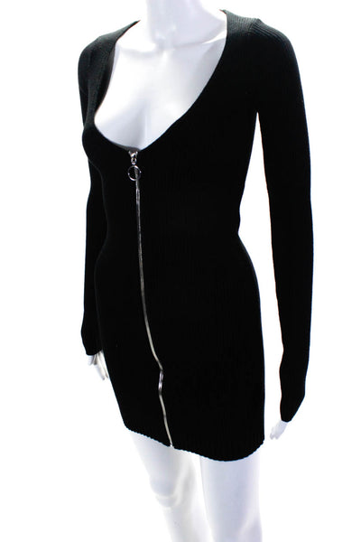 For Love & Lemons Womens V Neck Zippered Long Sleeve Sweater Dress Black Size XS