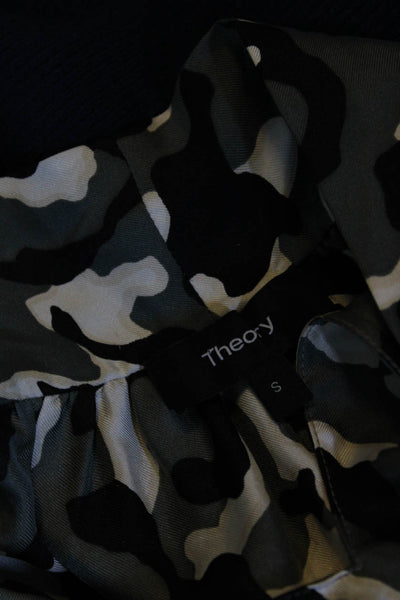 Theory Women's High Neck Sleeveless Black Camouflage Silk Blouse Size S