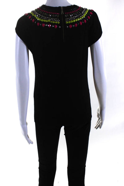 Milly Womens Cap Sleeve Beaded Sequin Trim Knit Top Black Size Medium
