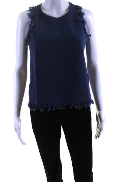 Milly Womens Sleeveless Crew Neck Fringe Knit Top Blue Cotton Size Petite