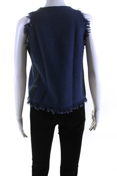 Milly Womens Sleeveless Crew Neck Fringe Knit Top Blue Cotton Size Petite