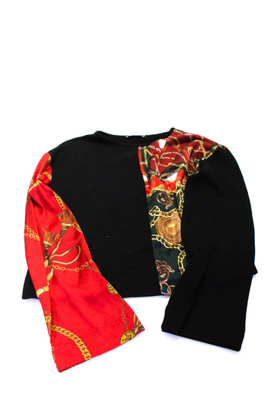 Zara Womens Black Red Printed Crew Neck Long Sleeve Blouse Top Size S M Lot 3