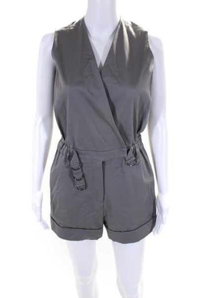 Ports 1961 Womens Snap Front Elastic Belted V Neck Sleeveless Romper Gray Size 4
