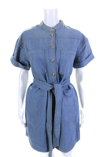 FRNCH Womens Button Front Short Sleeve Belted Denim Dress Blue Size Small