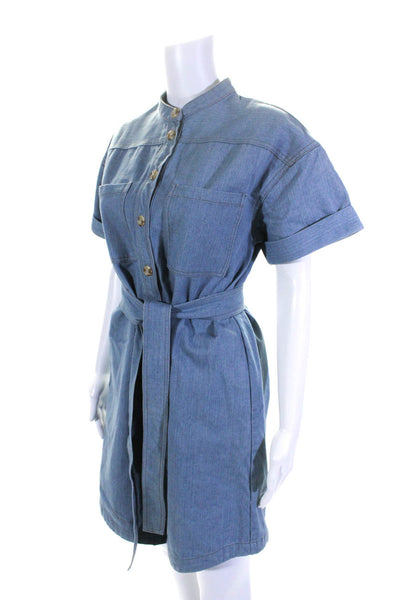 FRNCH Womens Button Front Short Sleeve Belted Denim Dress Blue Size Small