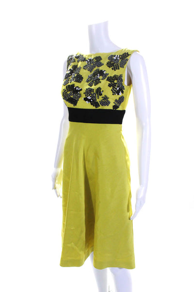 Lela Rose Womens Beaded High Waist Sleeveless Dress Yellow Wool Size 0