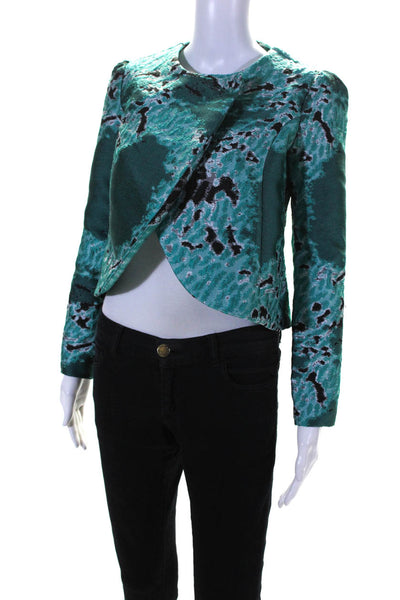 Catherine Gee Womens Open Front Woven Cropped Jacket Aqua Blue Black Size XS
