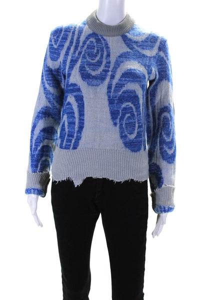 ACNE Studios Womens Merino Wool Abstract Print Fringed Sweater Blue Size XS
