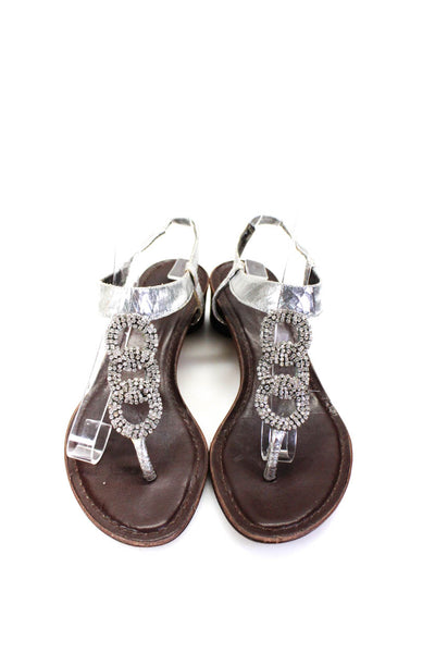 BCBG Max Azria Wolmens Leather Thong Jeweled Slingbacks Sandals Silver Size 7 B