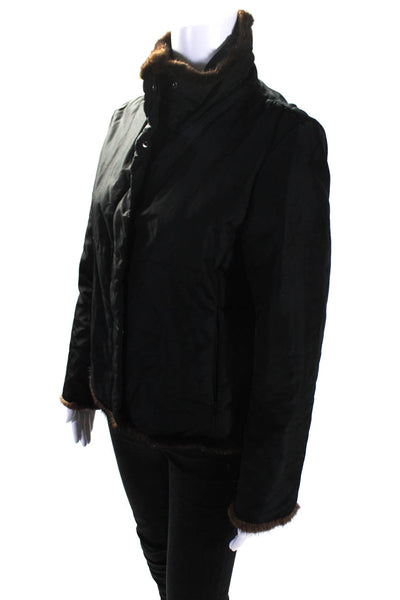 Andrew Marc Womens Mink Trimmed Mock Neck Zip-Up Short Jacket Black Size S