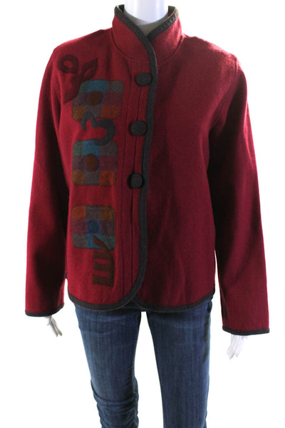 Beppa Womens 100% Wool Patch Embroidered High Neck Buttoned Jacket Red Size S