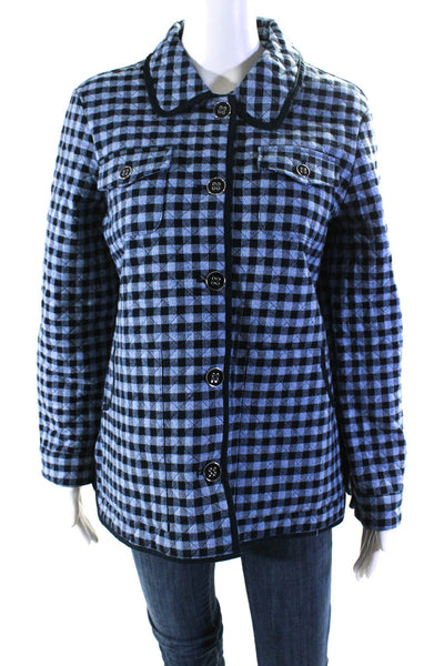 Appleseeds Petites Womens Quilted Checkered Buttoned Jacket Navy Blue Size PM