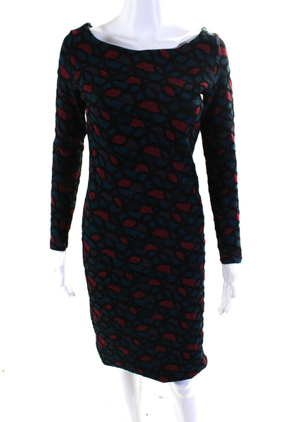Nadya Toto Womens Geometric Long Sleeved Boat Neck Pencil Dress Blue Red Size S