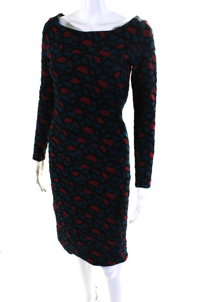 Nadya Toto Womens Geometric Long Sleeved Boat Neck Pencil Dress Blue Red Size S