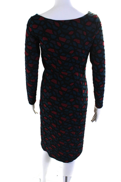 Nadya Toto Womens Geometric Long Sleeved Boat Neck Pencil Dress Blue Red Size S