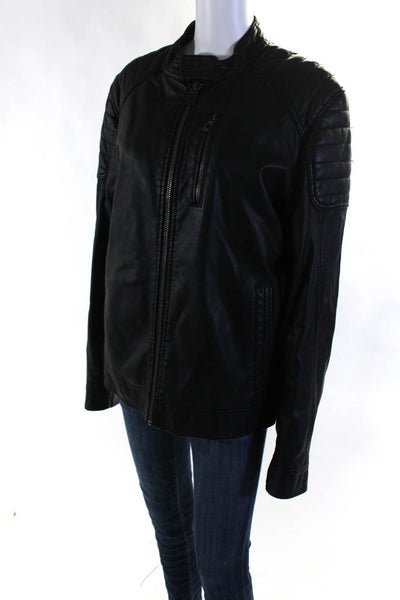 Black Rivet Womens Faux Leather Long Sleeve Round Neck Zip-Up Jacket Black SizeM