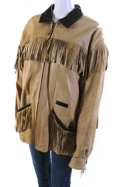 Tannery West Womens Leather Collar Fringe Long Sleeve Zip-Up Jacket Brown Size M