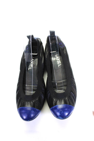 Chanel Womens Slip On Cap Toe Ballet Flats Black Blue Leather Size 37