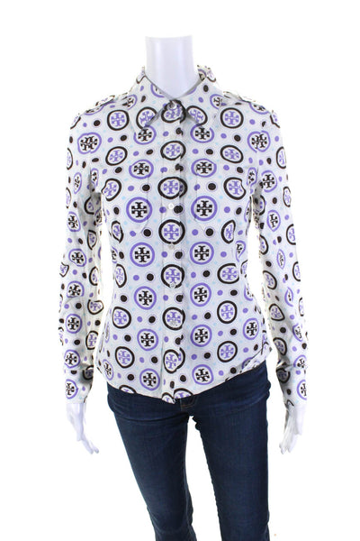 Tory Burch Women's Long Sleeve Abstract Print Button Down Blouse White Size 4