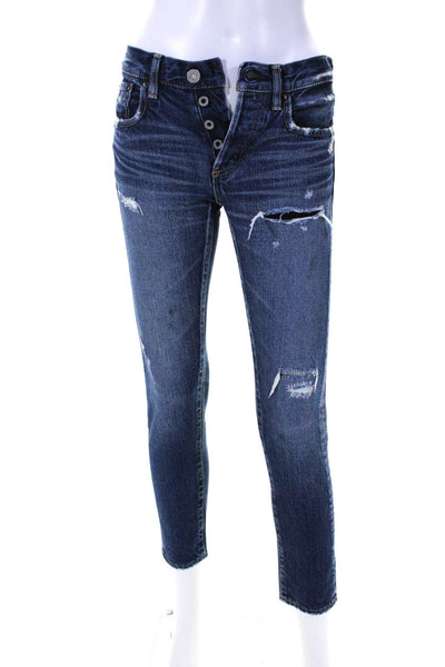 Moussy Womens Denim High Rise Medium Wash Distressed Skinny Jeans Blue Size 24