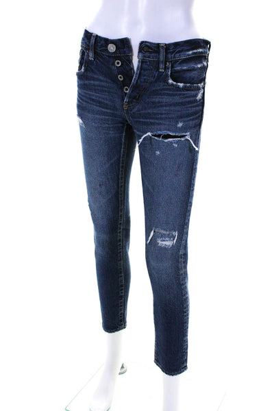 Moussy Womens Denim High Rise Medium Wash Distressed Skinny Jeans Blue Size 24