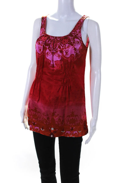 Cabi Womens Sleeveless Scoop Neck Silk Abstract Top Red Pink Size Extra Small