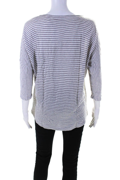 Eileen Fisher Womens 3/4 Sleeve Scoop Neck Stripe Linen Shirt Beige White XS