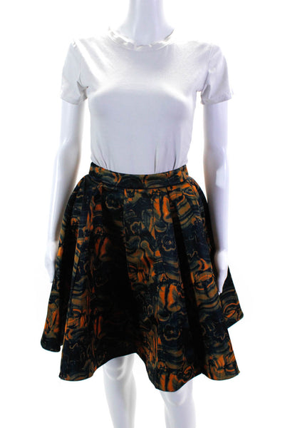 Fotini Women's Abstract Print Line Box Pleated Full Skirt Blue/Orange Size S