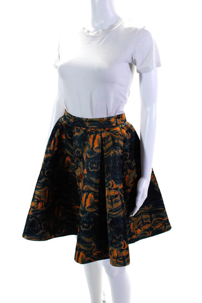 Fotini Women's Abstract Print Line Box Pleated Full Skirt Blue/Orange Size S