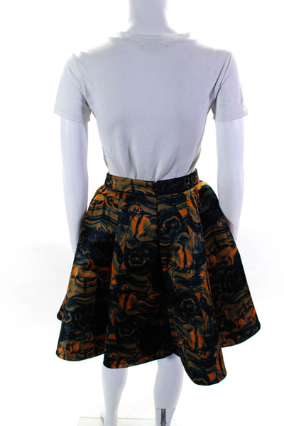 Fotini Women's Abstract Print Line Box Pleated Full Skirt Blue/Orange Size S