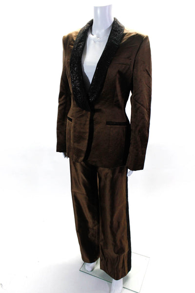 Fotini Women's Lined Lace Trim Shawl Collar 2 Piece Suit Brown Size 14