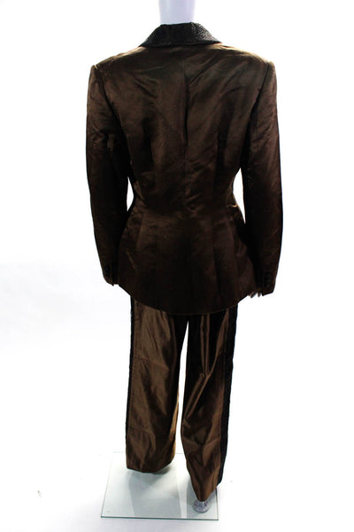 Fotini Women's Lined Lace Trim Shawl Collar 2 Piece Suit Brown Size 14