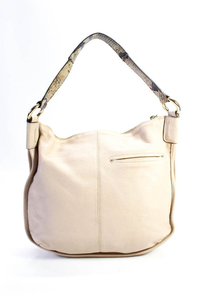 B Makowsky Women's Leather Snakeskin Print Gold Tone Hardware Shoulder Bag Beige