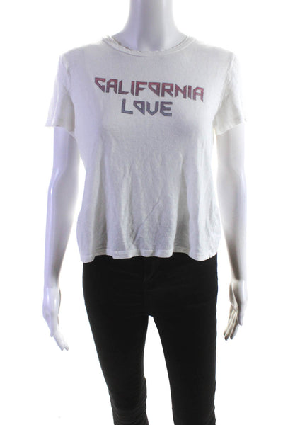 ALC Womens California Love Short Sleeve Top Tee Shirt White Purple Linen Large