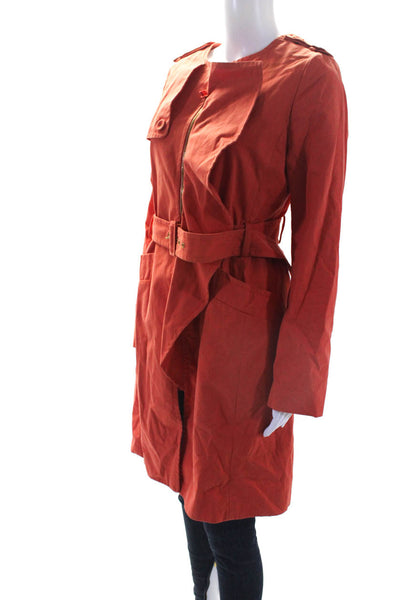 BCBG Max Azria Womens Belted Ruffled Front Coat Orange Cotton Size Small