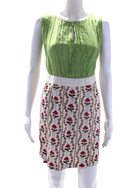philosophy Womens Green Pink Floral Pleated Sleeveless Pencil Dress Size S