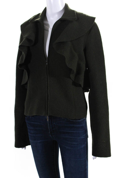 Valentino Womens Fleece Turtleneck Ruffle Full Zip Jacket Dark Green Size Medium