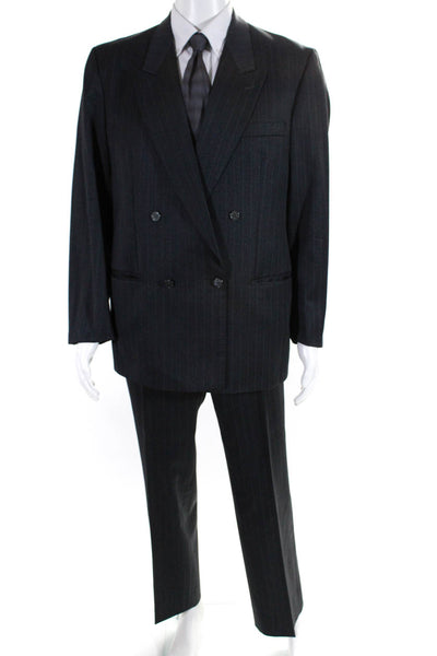 Ted Lapidus Mens Wool Striped Print Double Breasted 2 Piece Suit Gray Size 44