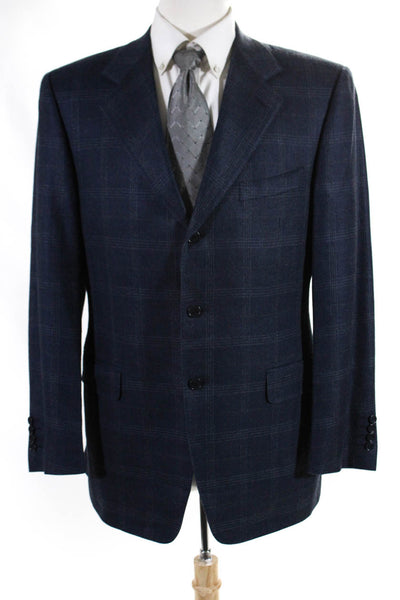 Canali Mens Silk Knit Plaid Print Double Vented Three Button Blazer Blue Size 50