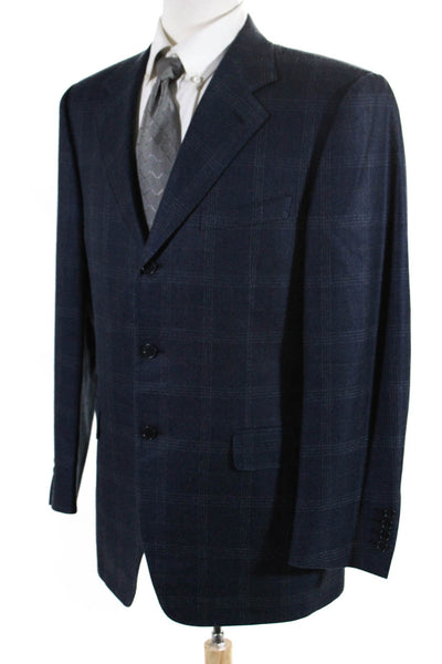 Canali Mens Silk Knit Plaid Print Double Vented Three Button Blazer Blue Size 50