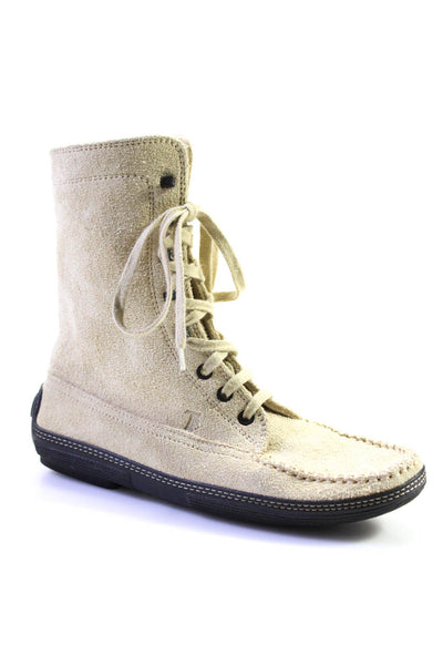 Tods Womens Beige Suede Lace Up High Top Combat Boots Shoes Size 8